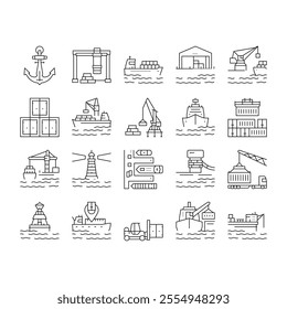 Container Port Tool Collection Icons Set Vector. Port Crane Loader For Loading Boxes On Ship And Storehouse, Buoy And Lighthouse, Delivery Service Black Contour Illustrations