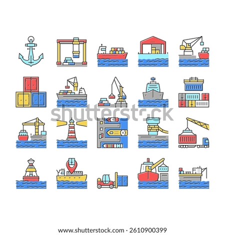 Container Port Tool Collection Icons Set Vector. Port Crane Loader For Loading Boxes On Ship And Storehouse, Buoy And Lighthouse, Delivery Service Concept Linear Pictograms. Contour Illustrations