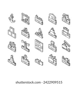 Conjunto de iconos isométricos de la colección de herramientas de puerto de contenedor. Cargador De Grúa De Puerto Para Cargar Cajas En Buques Y Almacenes, Buya Y Faro, Servicio De Entrega Concepto Pictogramas Lineales. Contacto.