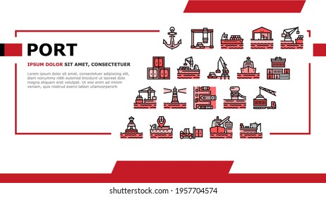 Container Port Tool Landing Web Page Header Banner Template Vector. Port Crane Loader For Loading Boxes On Ship And Storehouse, Buoy And Lighthouse, Delivery Service Illustration