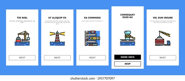 Container Port Tool Onboarding Mobile App Page Screen Vector. Port Crane Loader For Loading Boxes On Ship And Storehouse, Buoy And Lighthouse, Delivery Service Illustrations