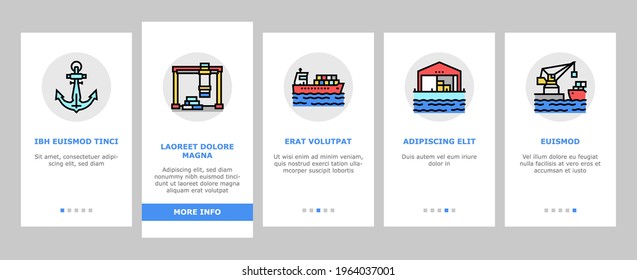 Container Port Tool Onboarding Mobile App Page Screen Vector. Port Crane Loader For Loading Boxes On Ship And Storehouse, Buoy And Lighthouse, Delivery Service Illustrations