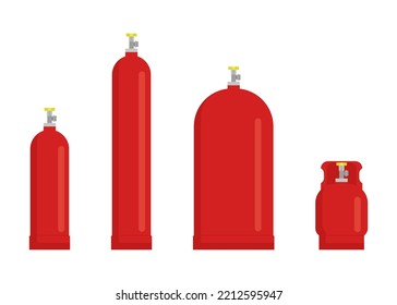 Contenedor con juego de gas líquido propano. Diferentes gases de globo de cilindros portátiles grandes y pequeños. Propano en el paquete de color rojo. Ilustración del vector