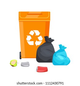 Container with recycle sign, conservation of nature, ecology and bags full of waste, aluminum bottle, rotten apple, isolated on vector illustration