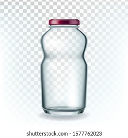 Container With Red Cap For Storage Honey Vector. Empty Glass Container With Metal Lid For Healthy Sweet Nutrition Transparency Background. Kitchen Glassware Concept Mockup Realistic 3d Illustration