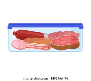 Container with sausage. Vector illustration on a white background.