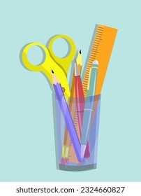 Container with schoolboy stationery. Scissors and ruler. Office supplies, pen pencil.