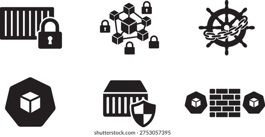 Container Security and Kubernetes Zero Trust Architecture ZTA Symbols Solid Black Vector Silhouette Icon Set for Cloud Native DevSecOps