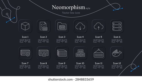 Container set icon. Cube stands free. Sheet holds barcode. Folder holds barcode. Cloud downloads file. Cloud uploads file. Rack disks. Box turns gear. Box locks access. stands free. Boxes stack. Crane