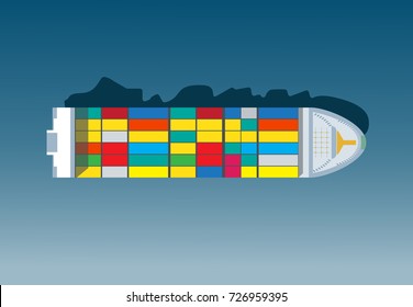 Container Ship. Aerial Top View. Cargo To Harbor. Vector Illustration Flat Design