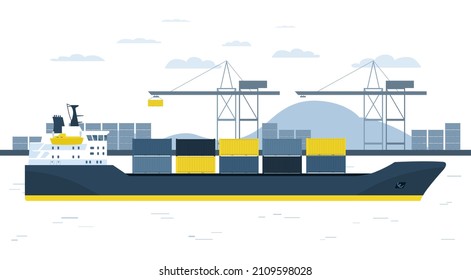 Container ship against the background of a container terminal. Vector illustration.