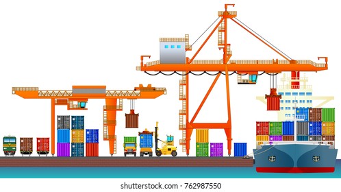 Container ship in cargo port, vector isolated on white.