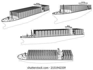 Container ship, cargo ship. World cargo ship. Design elements for logo, label, emblem, sign, brand mark. Vector illustration.