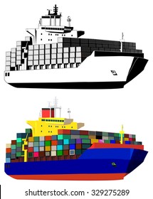 Container ship, colored, black and white, isolated on white, vector illustration