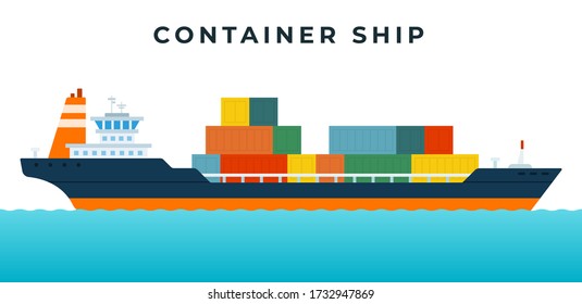 Container ship with command cabin and cargo vector icon flat isolated.