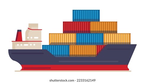 Concepto de barco contenedor. Transporte y envío. Globalización y comercio internacional, logística. Elemento gráfico para el sitio web. Transporte con cajas de colores. Dibujo vectorial plano de dibujos animados