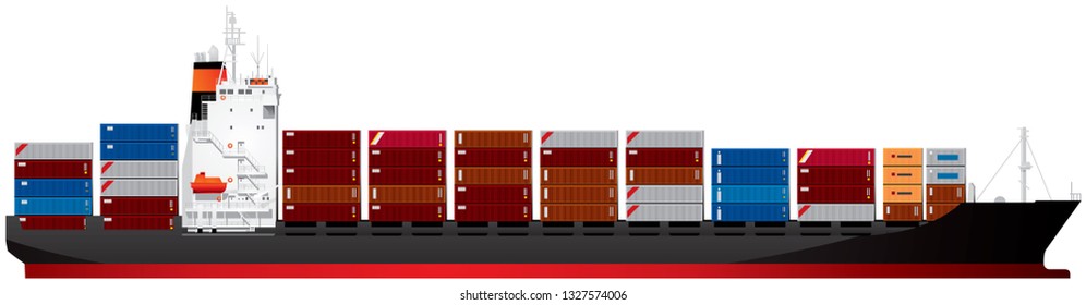 Container ship, containership, cargo ship that carry all loads in truck-size intermodal containers realistic vector illustration