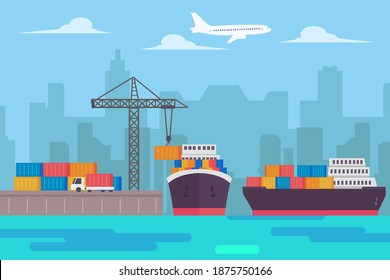 Container ship with crane and truck loading containers at the industrial port