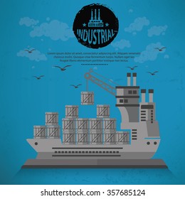 
Container ship design on blue background, vector
