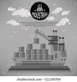 Container ship design on old background,vector