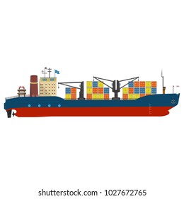 Container ship in export and import business and logistics. Shipping cargo to harbor by crane. Water transport International. Vector illustrated icon with solid and flat color style design.