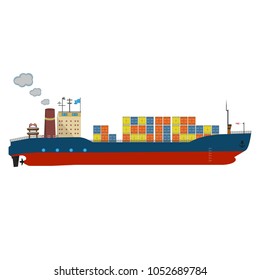 Container ship in export and import business and logistics. Shipping cargo to harbor by crane. Water transport International. Vector illustrated icon with solid and flat color style design.