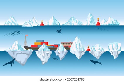 Container Ship Floating in Ocean with Icebergs and Whales. Arctic or Antarctic Research, Sea Logistics, Vessel in Risk Situation on North Pole with Dangerous Lumps Cartoon Flat Vector Illustration