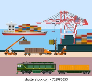 Container ship at freight port terminal. Equipment and transport. Vector illustration