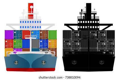 Container Ship, Front View, With Multicolor Cargo Containers. Black And White Silhouette. Vector Illustration, Isolated On White