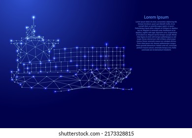 Container ship, from futuristic polygonal blue lines and glowing stars for banner, poster, greeting card. Vector illustration.