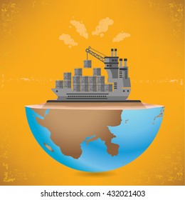 Container ship and global design on yellow background,vector