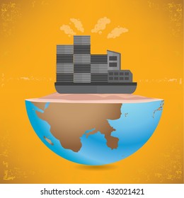 Container ship and global design on yellow background,vector