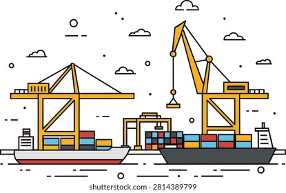 Container Ship and Harbor Cranes Industrial Logistics Illustration