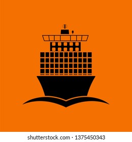 Container ship icon front view. Black on Orange background. Vector illustration.