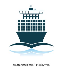 Symbol für Containerschiffe, Vorderansicht. Schattenreflektionsdesign. Vektorgrafik.