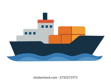 Container Ship Icon at Sea Isolated on a White Background
