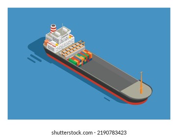 Container ship in isometric view with opened hold. Simple flat illustration.