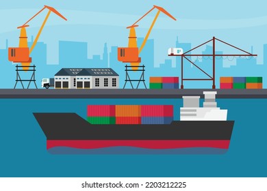 Container ship leaving the port 2d flat vector illustration concept for banner, website, illustration, landing page, flyer, etc.