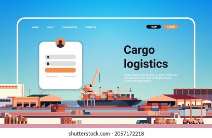 Container Ship Loading In Sea Port Website Landing Page Template Cargo Logistics Freight Transportation Concept