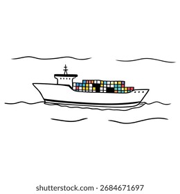 Navio de contêineres navegando por águas calmas, apresentando carga colorida contra um pano de fundo sereno