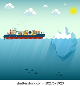 Container ship near the iceberg. Vector Illustration on the background of blue sky. Shows the upper and lower part of the sea. Over the water lit by the sun. At the depth of floating sea fish.