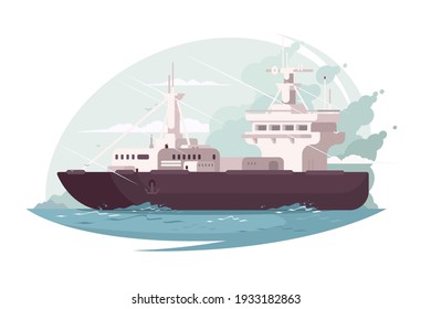 Container ship in ocean vector illustration. Big ship on sea waves flat style. Marine business. Cargo ship and international delivery concept. Isolated on white background