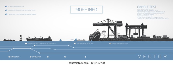 Container ship on the dock, gantry and loaders cranes, vector infographics.