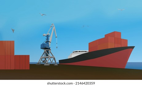 Buque de contenedores en grúa portuaria y de carga. Ilustración vectorial.