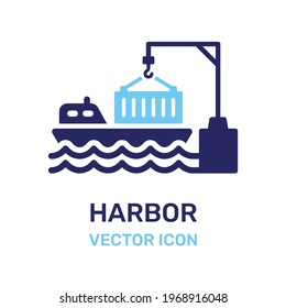 Container ship at port icon vector.