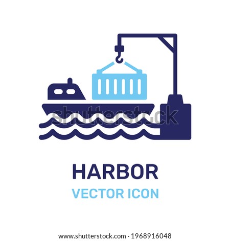 Container ship at port icon vector.
