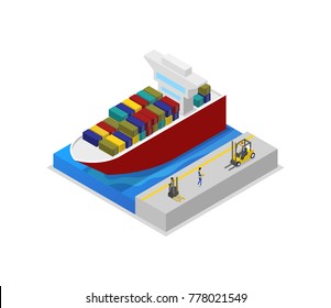 Container ship in port isometric 3D icon. Worldwide delivery service, freight sea shipping vector illustration isolated on white background.