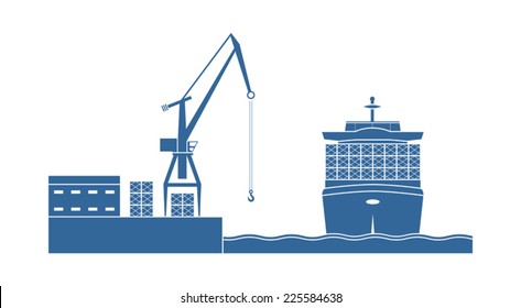 Container ship in the port. Vector illustration