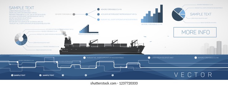 Container ship sailing on the sea or ocean, vector infographics.