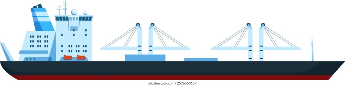 Container ship sailing on white background, equipped with cranes for loading and unloading goods, ideal for maritime transport and international trade concepts